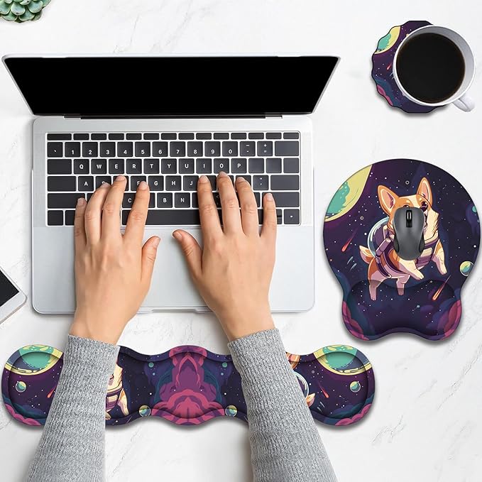 Keyboard Wrist Rest and Mouse Pad Wrist Support with Lace-Shaped Coaster Set Ergonomic Gel Memory Foam and Anti-Slip Base Easy Typing and Pain Relief - Space Corgis