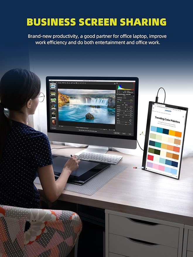 Portable Monitor 1080P FHD 14 IPS Monitors Screen with Type-C/USB C/HDMI Dual Built-in Speaker Eye Care Gaming Portable Monitor Second Screen for Laptop/PC/Mac/Phone/Computer