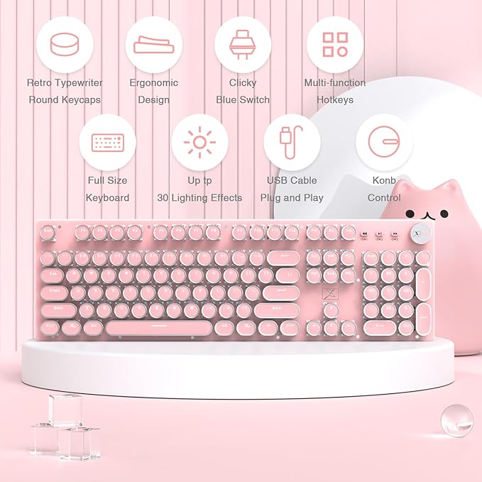 Typewriter Style Retro Wired Mechanical Gaming Keyboard Vintage Steampunk with White LED Backlit 104-Key Anti-Ghosting Blue Switch Cute Keyboard Round Keycaps Knob Control for PC/Win/Mac/Laptop