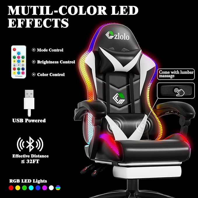 Gaming Chair RGB LED Lights Computer Chair with Footrest Lumbar Support Massager Gamer Chair High Back 90-135° Reclining Linkage Armrests White
