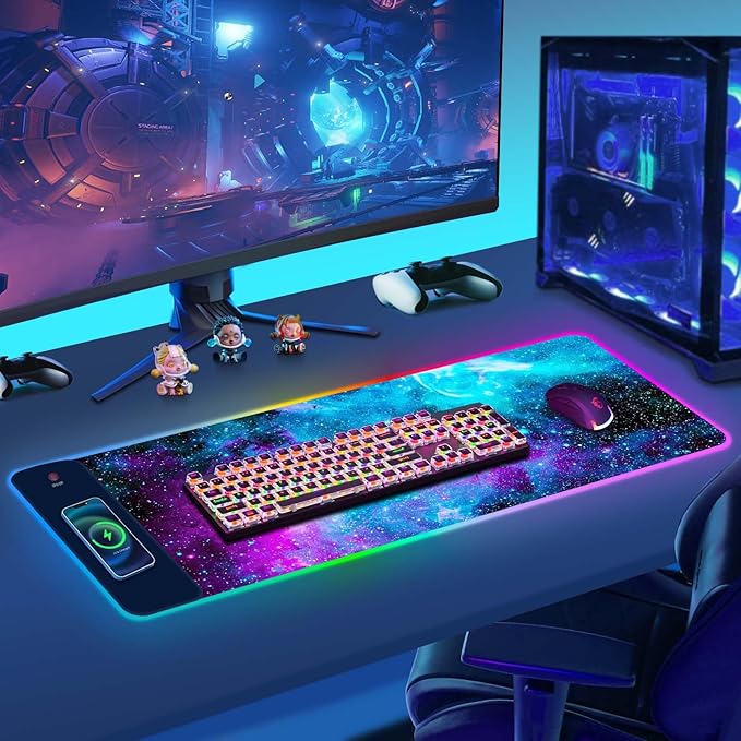 ToLuLu Wireless Charging RGB Gaming Mouse Pad 15W LED Mouse Mat with 30W Charger 14 Light Modes Large Mousepad with Wrist Support Non-Slip Rubber Base Desk Mat Computer Keyboard Pad Galaxy Nebula