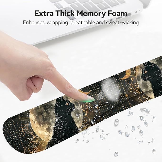 Mouse Wrist Rest and Keyboard Wrist Rest Pad+ Coaster Set Non-Slip Rubber Base Smooth Surface Ergonomic Gaming Mouse Pad for Easy Typing and Pain Relief Divination Black Cat
