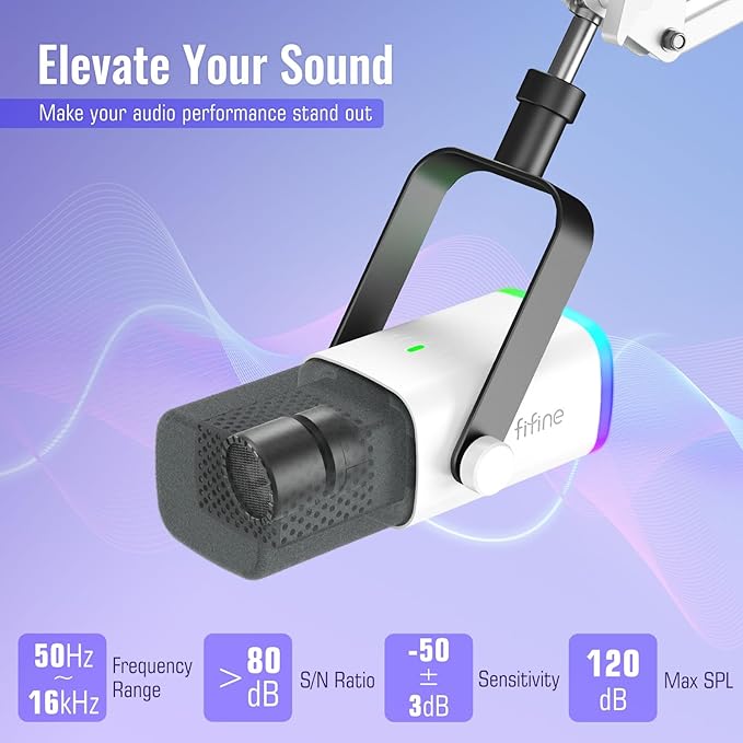 FIFINE XLR/USB Gaming Microphone Bundle with Metal Boom Arm Dynamic RGB Mic with Mute Gain Monitoring for Streaming Vocal Recording Podcast Arm Stand for Home Studio Video Creation (AM8W+CS1W)