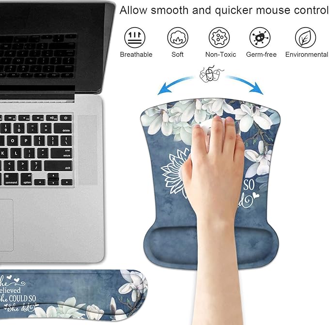 Keyboard Wrist Rest and Mouse Pad Wrist Support Set with Coasters She Believed She Could So She Did Inspirational Quote Wrist Mouse Pad with Non-Slip PU Base for Home Office Working Studying