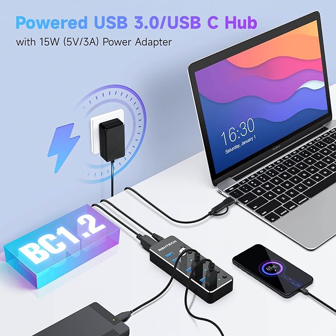 Powered UBS Hub RSHTECH 7 Port USB 3.0/USB C Hub Upgraded Version Aluminum USB Splitter with 2-in-1 USB Cable5V 3A Power Adapter and Individual Switches USB Port Expander for Laptop/PC RSH-ST07