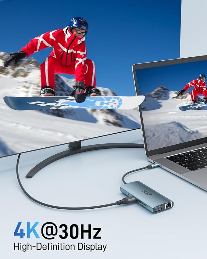Acer USB C Hub with 4k HDMI 9-in-1 USB C to Ethernet Adapter 5Gbps USBA 3.0 Docking Station VGA Splitter SD Card Reader PD 100W Charging for MacBook Acer Laptops Surface and More