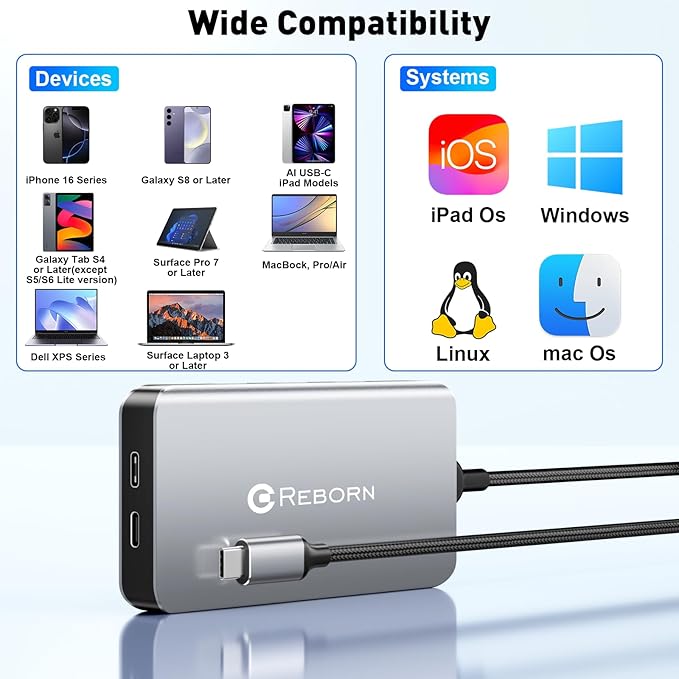 Reborn USB-C Docking Station Dual Monitor Adapter Laptop Docking Station 3 Monitors Triple Display USBC Hub Dongle to 4K60Hz HDMI+DP3 USB3.0100W PDUSB C Data8-in-1 Dock for DellHPLenovoSurface