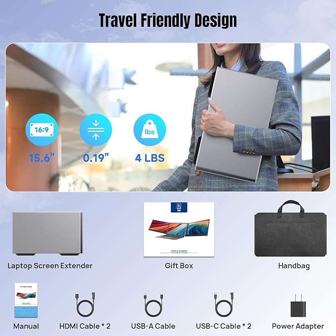 KEFEYA Laptop Screen Extender 15.6 1080P FHD IPS Ultra-Slim Triple Portable Monitor for Laptop 12-17.3 Eyes Care HDR Travel Monitor USB-C/HDMI Plug-Play Monitor Extender for macOS/Win and Phone