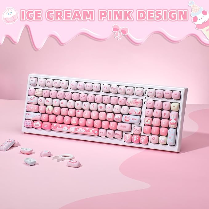 YUNZII Cute Pink Ice Cream Custom Keycaps 138 Keys Dye Sub PBT MOG Profile Keycap Set for Mechanical Gaming Keyboards (Pink Ice Cream)