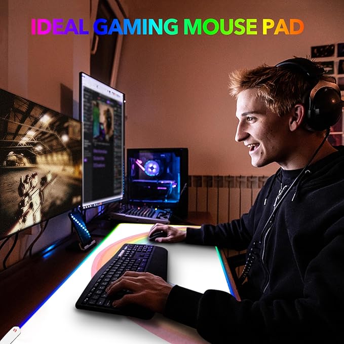 AIMSA RGB Gaming Mouse Pad Large Keyboard Mousepad Led Extended 35.4 x 15.8 inch Non-Slip Rubber Base with 14 Lighting Modes Big Desk Mat Waterproof White Rainbow