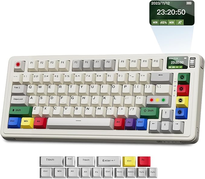 X BOYI C75Pro Retro Gaming Keyboard75&amp Hot Swap Gasket-Mounted Wireless Bluetooth 5.0/2.4G Type-C Wired Custom RGB TKL Mechanical Keyboard with Screen&ampKnob for PC/Mac Gamer