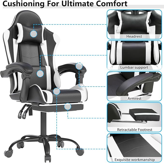 Gaming Chair with Headrest and Lumbar Support Ergonomic High Back Office Chair Racing Style Executive Computer Desk Chair Leather Adjustable Swivel Task Chair for Home Office (White)