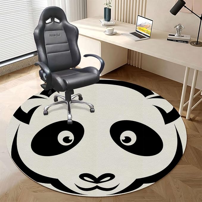 White and Black PU Leather Hardwood FloorsTile Non-Slip Office Chair Mat Cartoon Smiling Panda Animal Anti-Slip Low Pile Under Desk Rug Large Floor Protector Anime Diameter 39.4 in
