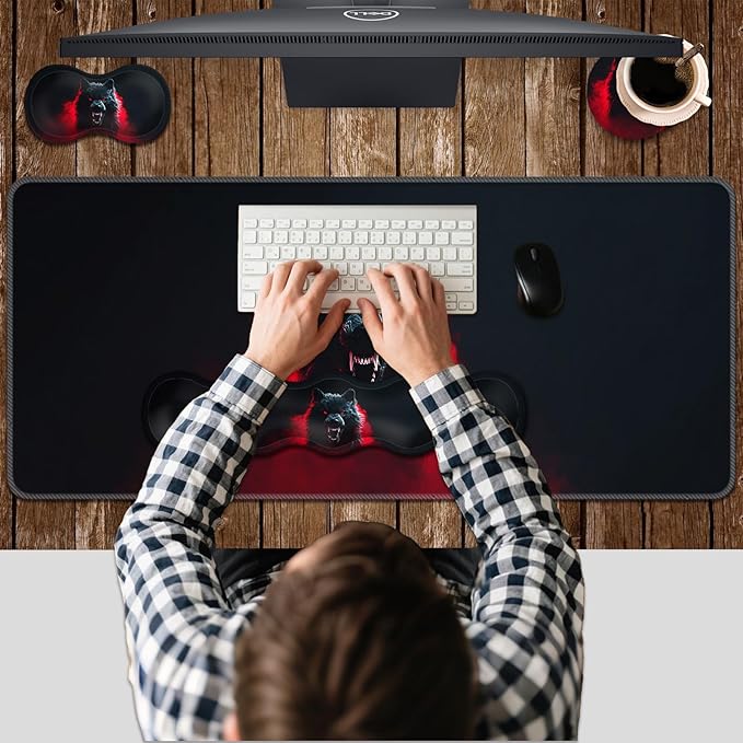 Ergonomic Keyboard Wrist Rest &amp Mouse Pad Wrist Rest SetXL Gaming Desk Mat 31.5x 11.8Non-Slip BaseMemory FoamEasy Typing Pain Relief for Office &amp HomeWolf Red Smoke