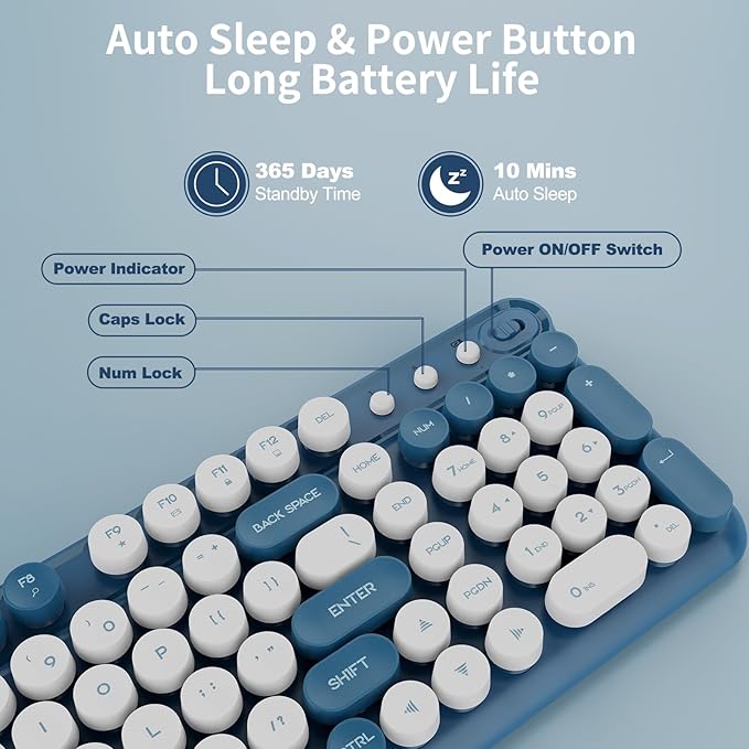Wireless Keyboard and MouseCute Retro Typewriter Computer Keyboard and Mouse SetsFull SIze 2.4G Cordless Colorful Round Keycaps Keyboard with Silent Mouse for PC Window Laptop Home Office-White Blue