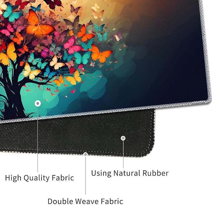 4 in 1 Mouse Pad Combo Large Gaming Mouse Pad + Keyboard Wrist Support + Mouse Wrist Rest + Coaster Table Pad 31.5 x 11.8 with Memory Foam Ergonomic Wrist Pad Set Colorful Tree Butterfly