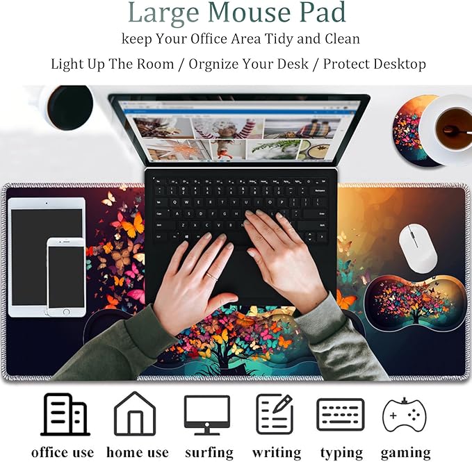 4 in 1 Mouse Pad Combo Large Gaming Mouse Pad + Keyboard Wrist Support + Mouse Wrist Rest + Coaster Table Pad 31.5 x 11.8 with Memory Foam Ergonomic Wrist Pad Set Colorful Tree Butterfly