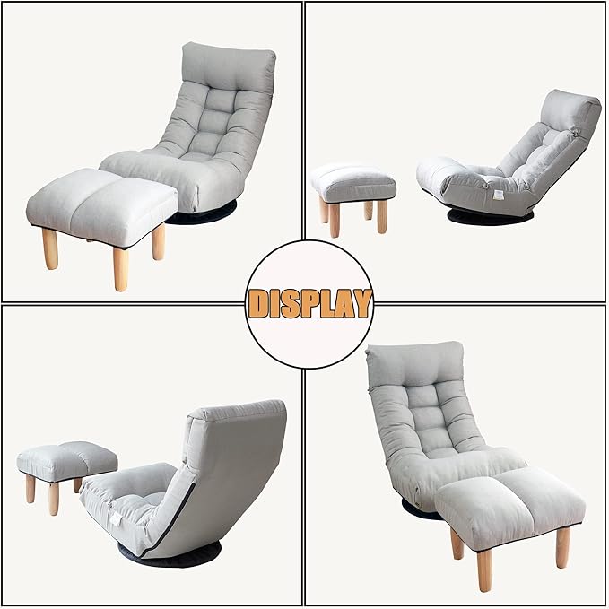 Floor Chair Swivel Chaise Lounge SofaFloor Gaming Chair with 3 Adjustable Positions Foldable Lounge Chair Indoor with Cushion Padded Backrest and Footstool for Bedroom OfficeLight Grey