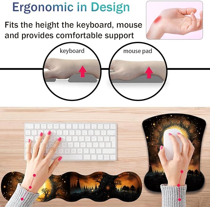 Ergonomic Keyboard Wrist Support Pad and Wrist Support Mouse Pad Anti-Slip with Gel Memory Mouse Pad Set Suitable for Office Use/Home Use - Gothic Moon Sun
