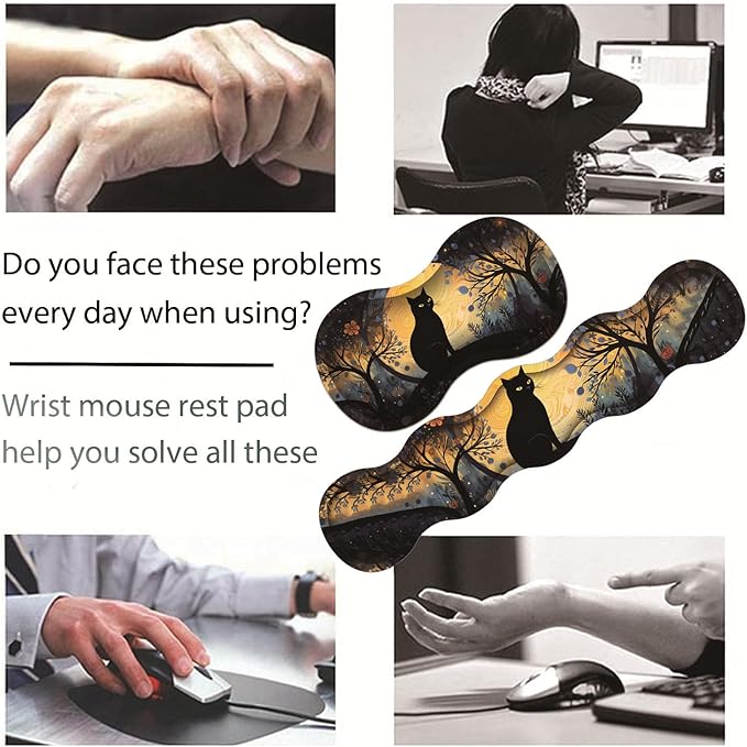 Large Gaming Table Pad 31.5 x 11.8 + Keyboard Wrist Pad + Mouse Wrist Pad + Coaster Non-Slip Base 4-in-1 Set Ergonomic Memory Foam Easy Typing Pain Relief Sky Cat