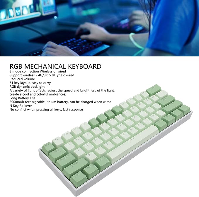 Zunate 60% Gaming Mechanical Keyboard Three Mode BT5.0/2.4G Cordless/USB C Hot Swappable Mechanical Keyboard Blue Switch 61 Key RGB Backlit Keyboard for
