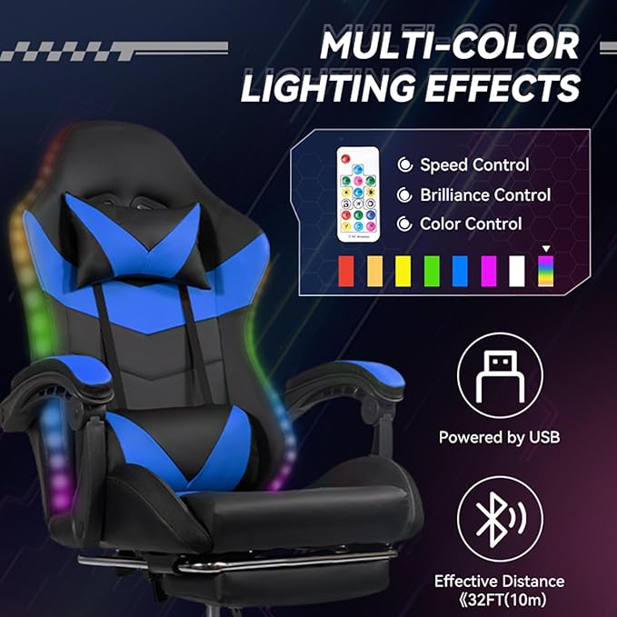 Gaming Chair Computer Chair with Footrest and Lumbar Support &amp LED Height Adjustable Game Chair with 360°-Swivel Seat and Headrest and for Office or Gaming (Black-Blue)