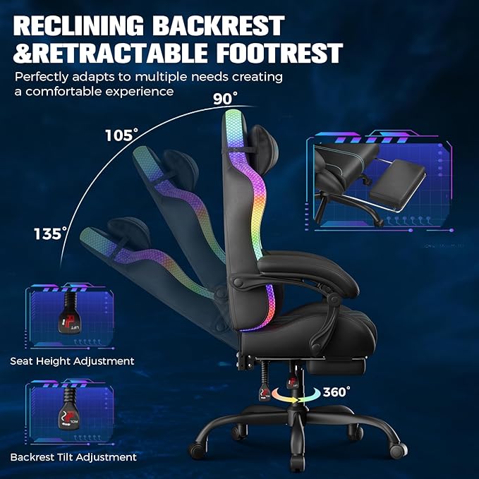 GTPLAYER Gaming Chair Computer Chair with RGB LED Lights High Back Ergonomic Chair for Adults with Footrest Reclining Office Chairs Linkage Armrest Blue