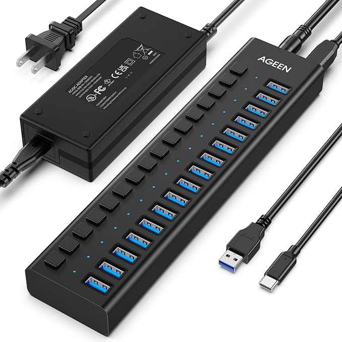 AGEEN 16-Port USB 3.2 Gen 2 Hub 10Gbps High-Speed Aluminum Powered Hub with 96W Adapter Individual Switches &amp Surge Protection for PC/Laptop Flash Drive Printer Camera