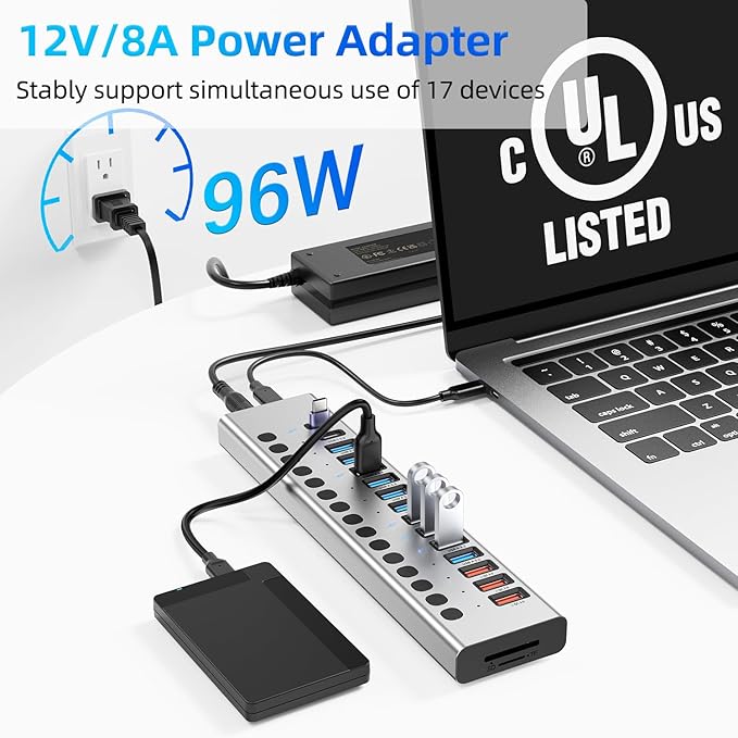 Powered USB Hub 10Gbps 17 Ports 96W USB 3.2 Hub(10 USB-A 3.2 Ports+3 QC 24W Fast Charging Ports+2 USB-C 3.2 Ports+SD/TF Card Reader) 12V/8A Power Adapter for Laptop PC Computer HDDFlash Drive