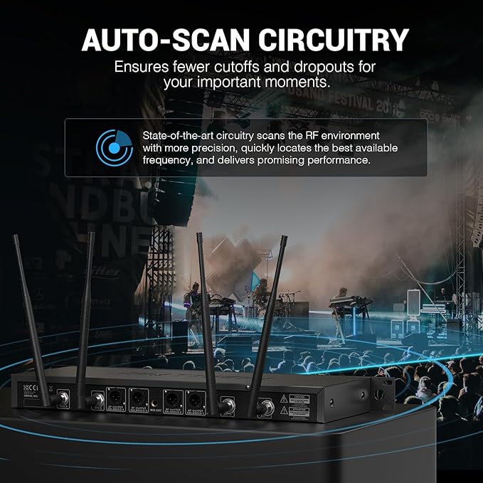 Phenyx Pro 4-Channel Wireless Microphone System w/Auto Scan 4x40 UHF Frequencies 2 Handheld Dynamic Mics 2 Bodypacks &amp Headsets/Lapel Microphones for Singing DJ Church (PTU-7000-2H2B)