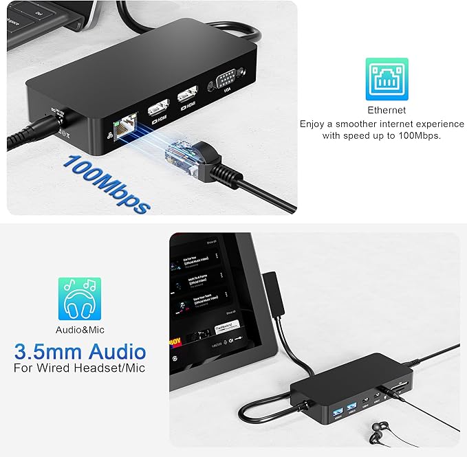 Surface Dock 12-in-1 Triple Displays VGA +Dual HDMI Surface Pro Dock Surface Docking Station for Surface Pro 11/10/9/8/X/7/6/5/4/3 Surface Book Surface Go Surface Laptop Dock