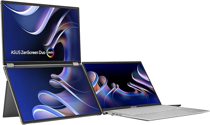 ASUS ZenScreen Duo OLED 360° Foldable Portable Monitor (MQ149CD) - Dual 14-inch 16:10 1920x1200 DisplayHDR400 True Black 100% DCI-P3 Delta&lt2 Dual USB-C Mini-HDMI Kickstand 3 yr Warranty