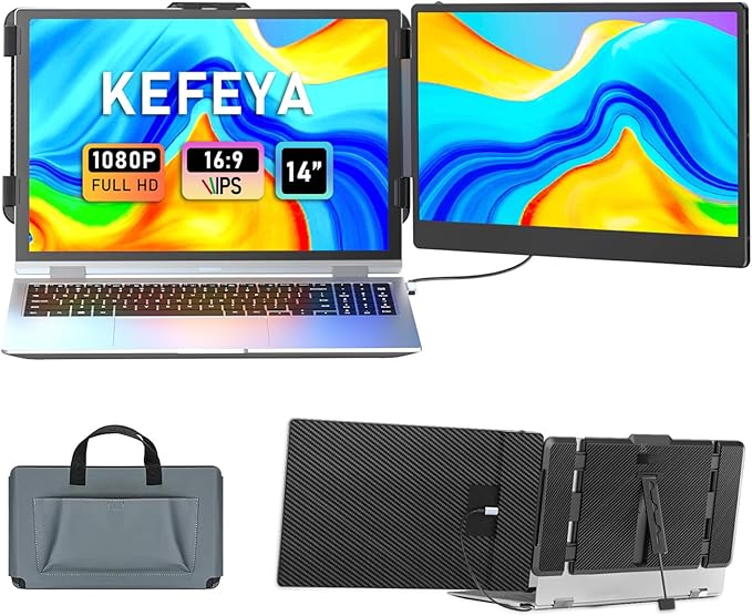 KEFEYA Laptop Screen Extender 14 FHD 1080P IPS Laptop Monitor Extender Dual Screen Portable Monitor for Laptops 13-17 with USB-C/HDMI Port Plug n Play for Windows/Mac/Android/Switch/PS5