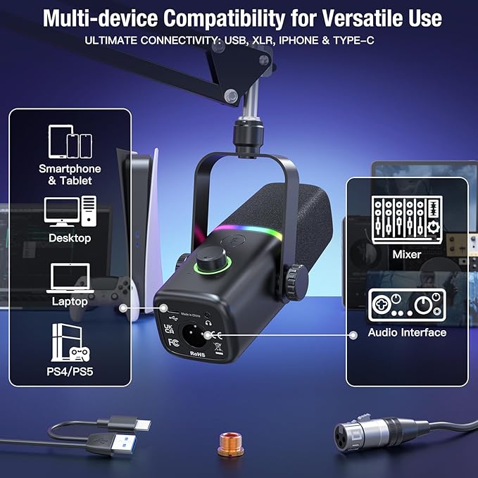 ZealSound XLR/USB Dynamic Microphone for Gaming PodcastMic for iPhone Phone PC Computer Gaming Streaming Microphone with RGB LightMute ButtonMic GainHeadphones JackBoom Arm StandSinging YouTube