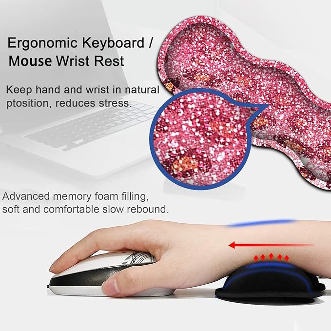 Large Mouse Pad Extended Gaming Mouse Pad 31.5x11.8 Ergonomic Memory Foam Keyboard Wrist Rest Support for Home Laptop Big Office Desk Pad with Non-Slip BasePink Faux Glitter Leopard Desk Mat