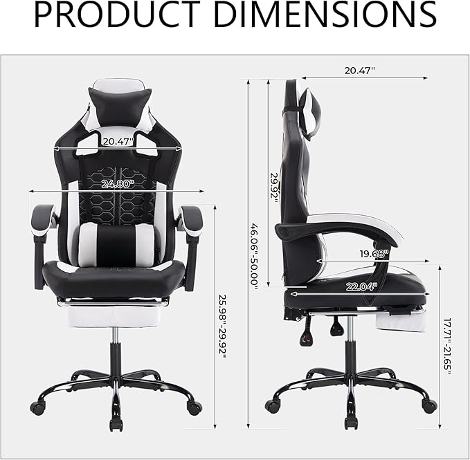 Computer Chair Gaming Gaming Chair with Massager Ergonomic High Back Racing Style Chair with Padded Armrests and Headrest for Long Sessions Work Game (Black White)