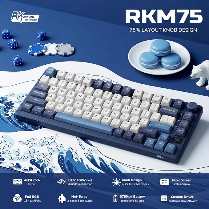RK ROYAL KLUDGE M75 Wireless Mechanical Keyboard w/Screen and Volume Knob 2.4G/USB-C/BT Gasket Mounted 75% Gaming Keyboard with 81 Keys RGB Backlit Hot-Swap Creamy Switch Blue