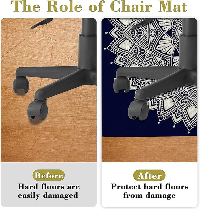 Blue Indigo PU Leather Office Chair Mat for Hardwood Floor Mandala Exotic Floral Ornament Round Round Floor Mats for Office Chair Desk Chair Anti Slip Floor Protector for Rolling Chair Diameter 59 in