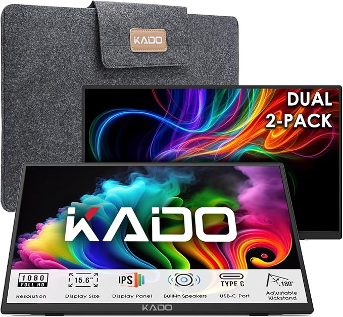 Kado Dual Portable Monitor Setup - 2-Pack 15.6 1080p IPS Triple Monitor Extender for Laptop 1920x1080 HDMI USB-C 180° Kickstand Built-in Speakers Stacked Desktop Setup Office Gaming Daytrading