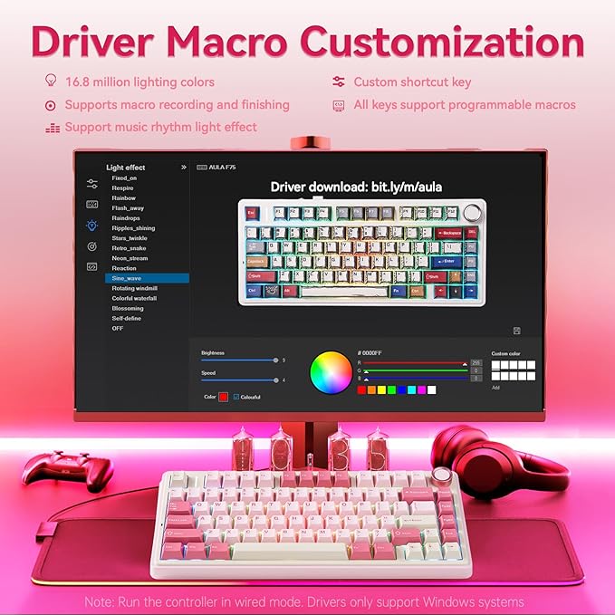 AULA F75 Wireless Keyboard 75% Gaming Keyboard Hot Swappable with Creamy SoundBluetooth/2.4GHz/USB-CCustom RGB Mechanical Keyboard for PC Gamer - Pink