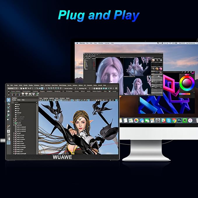 WUAWE Portable Monitor 16 16:10 IPS Travel Monitor for Laptop 100% sRGB Control USB-C HDMIHDR Freesync Display Plug&ampPlay for Phone PS5 Switch (2.5K|144HZ Black 16inch)
