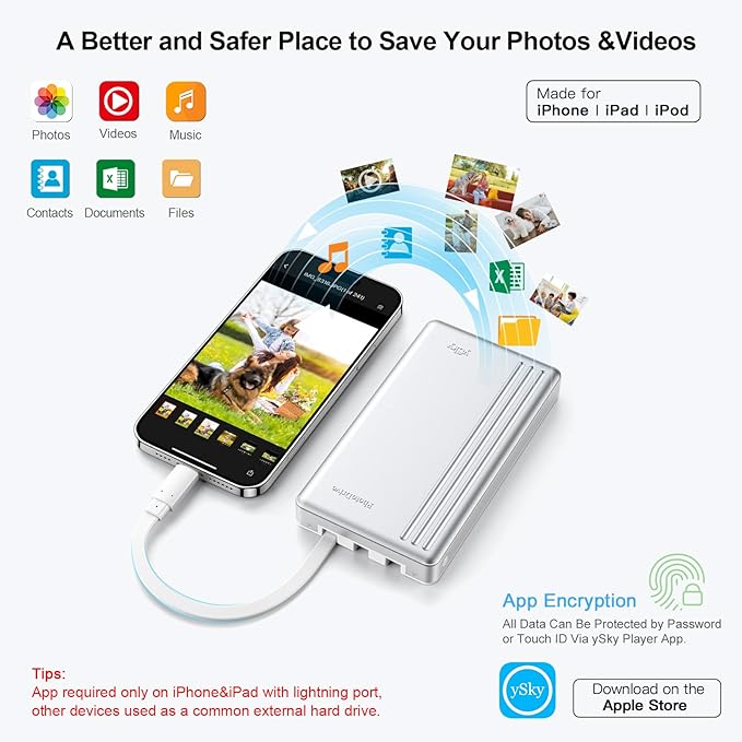 MFi Certified 2TB External Hard Drive for iPhone iPad MacBook ComputerPhoto Stick USB Flash Drive Storage Device for iPhone 17/16/ 15/14/13 to Backup Photo| Video | Music| File 【One-Touch Backup】