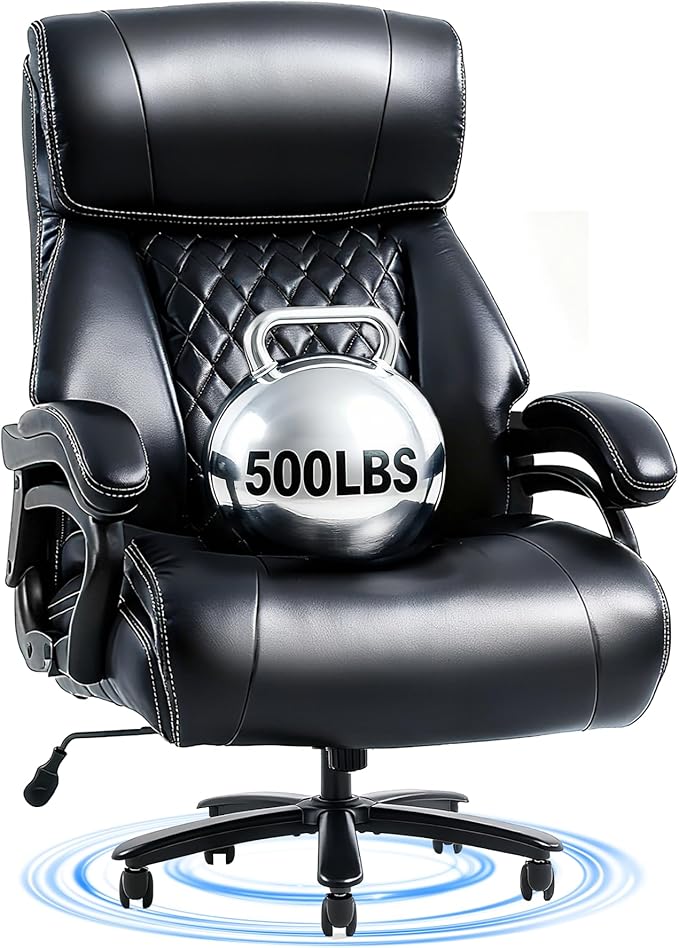 FLEXISPOT 500lbs Big and Tall Office Chair for Heavy People Heavy Duty Computer Chair with Stable Arms Adjustable Lumbar Support Metal Base Desk Chairs for Home Office Gaming Working Leather Black