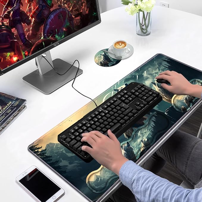 Ergonomic Keyboard Wrist Rest &amp Mouse Pad Wrist Rest Set Large XXL Gaming Desk Mat 31.5x 11.8 with Non-Slip Base Memory Foam Easy Typing Pain Relief for Home &amp Office White Wolf