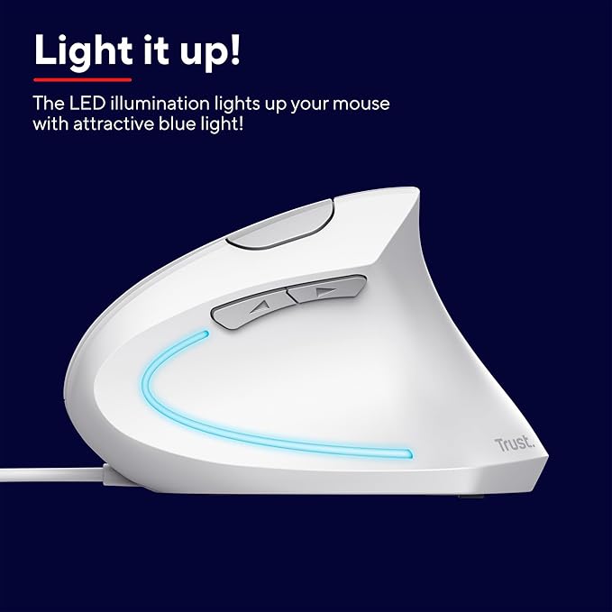 Trust Verto Wired Ergonomic Mouse Vertical Mouse with LED Illumination Reduces Arm Strain 1000-1600 DPI 6 Buttons for Right Hand Users 1.5m USB Cable Computer Mouse for PC Laptop. Mac - White