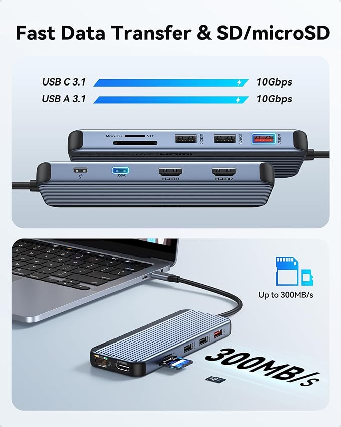 USB C Docking Station 3 HDMI Selore 12 in 1 Laptop Docking Station 3 Monitors with Triple HDMI10Gbps USB A/C 3.1USB 2.0100W PD Charging Gigabit Ethernet Audio MicSD/Micro SD Card Slot