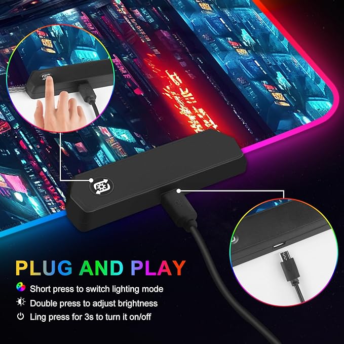 ARTSO RGB Gaming Mouse Pad Large Extended Soft Led Mouse Pad with 14 Lighting Modes 2 Brightness Water Resist Keyboard Pad Computer Mousepads Mat 35.4x15.7inch Night City