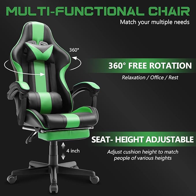 Ferghana Gaming Chairs Ergonomic Racing Style PC Game Computer Chair with Headrest Lumbar Support Adjustable Recliner PU Leather Video Computer Chair(Grass Green)