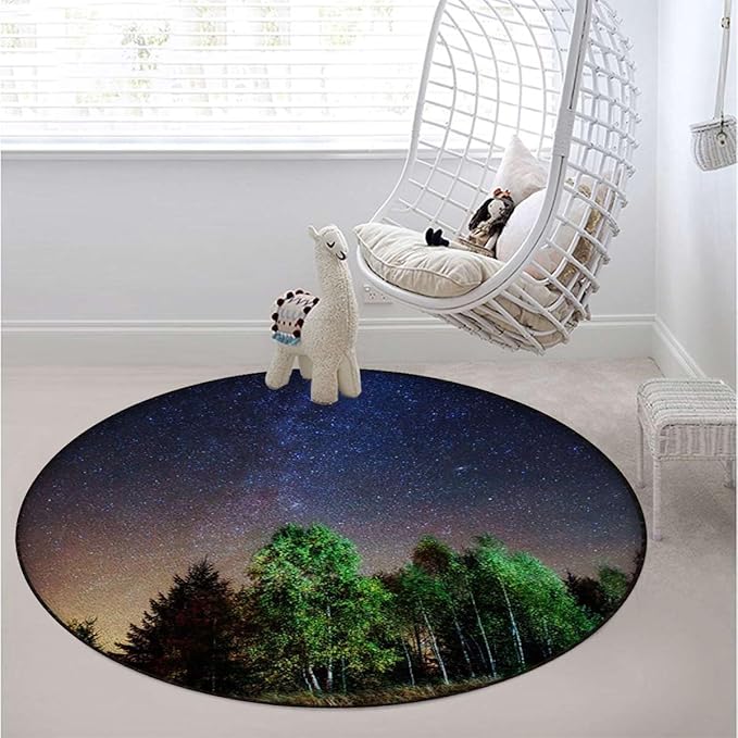 Green Navy Purple Round Area Rugs Non-Slip Absorbent Round Rug Soft Comfortable Throw Rugs for Living Room Bedroom Nursery Decor Tree Milky Way Sky Natural Diameter 43.3 in