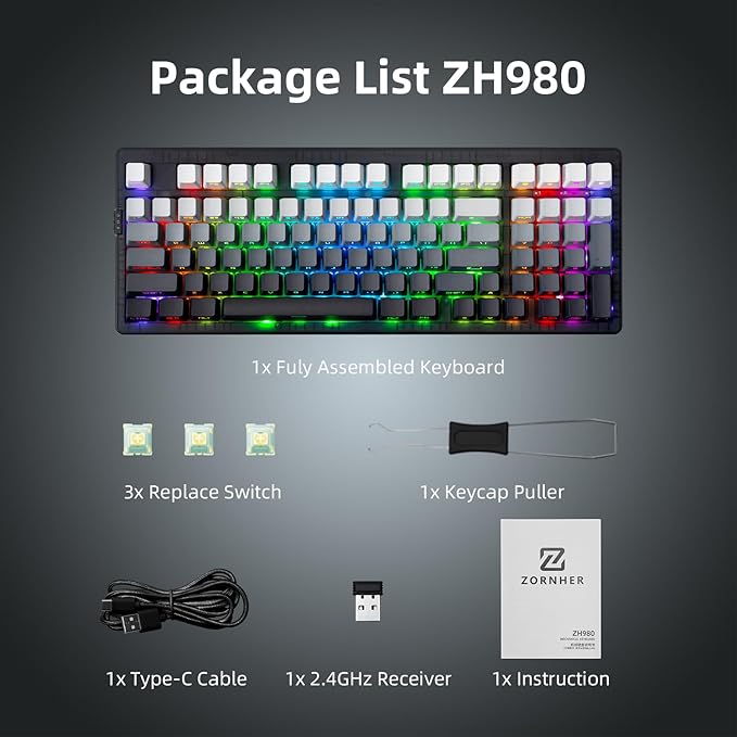ZORNHER ZH980 Silent Mechanical Keyboard95% Black &amp White Silent Gaming Keyboard with Number PadLighted Up PBT KeycapsKeyboard Quiet Silent SwitchesHot-SwappableRGB Backlit
